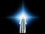 white cloaked figure looking at a light in the darkness
